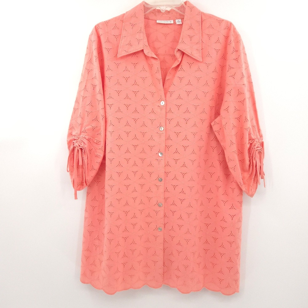 Susan Graver Eyelet Shirt Women XL Coral Pink Scalloped Hem Cinched Sleeve Top